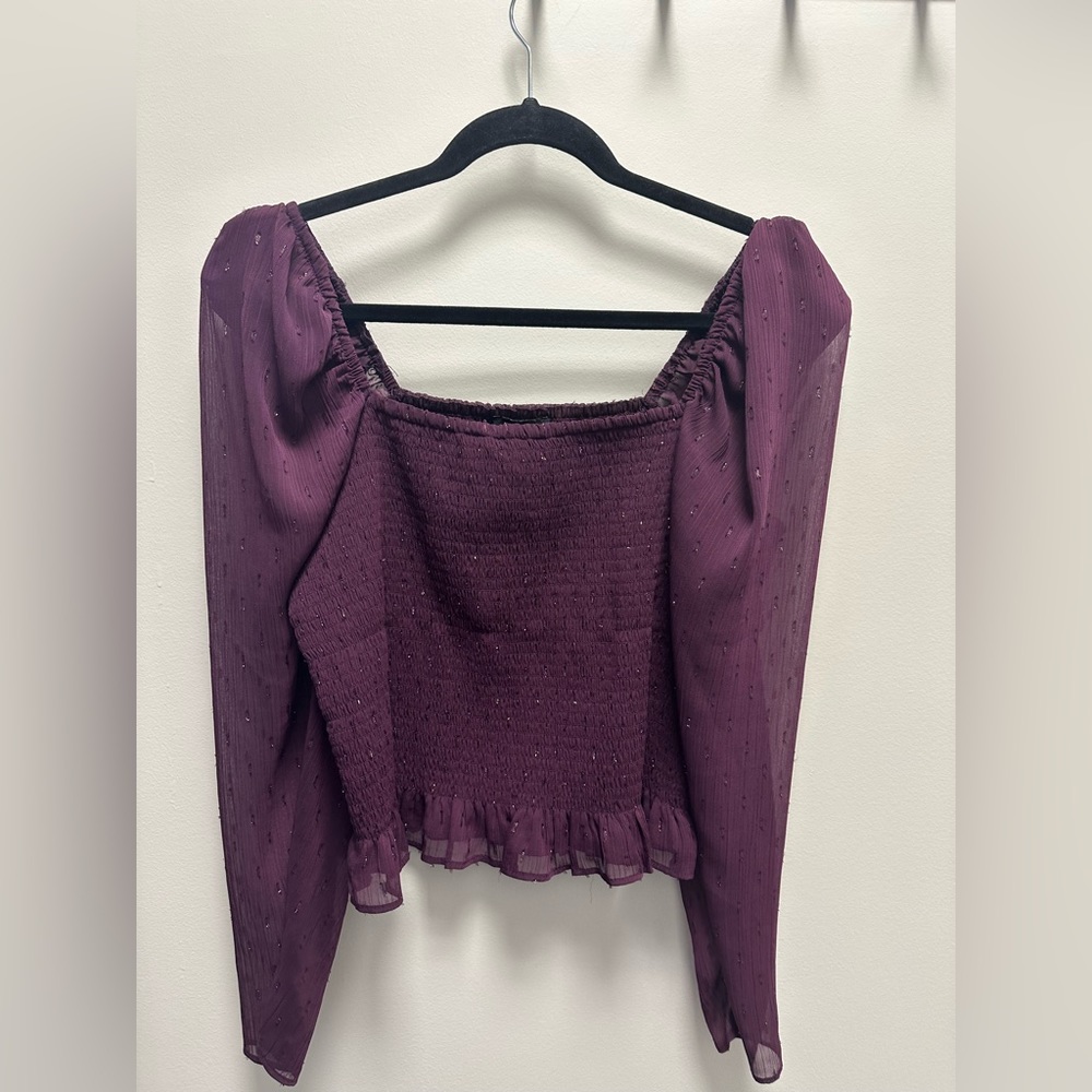 NWT Express dark purple blouse with sparkles and puff sleeves size L